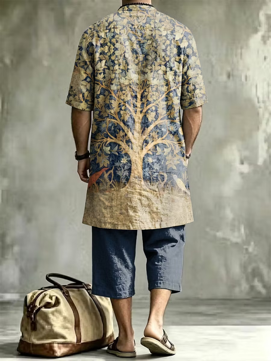 2026 New Men's Loose Plus-Size Abstract Print Stand-Collar Long Shirt & Cropped Pants Two-Piece Set