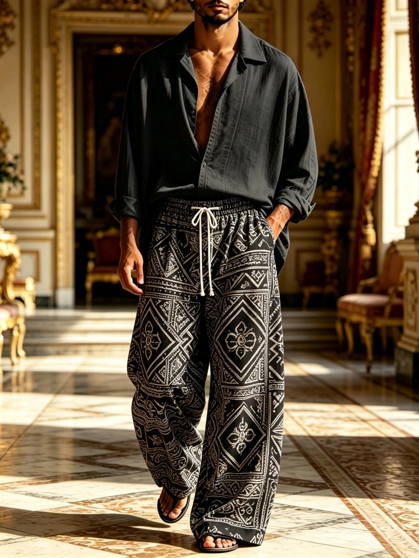 2026 New Men's Casual Printed Long-Sleeve Shirt and Pants Two-Piece Set
