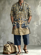 2026 New Men's Loose Plus-Size Abstract Print Stand-Collar Long Shirt & Cropped Pants Two-Piece Set