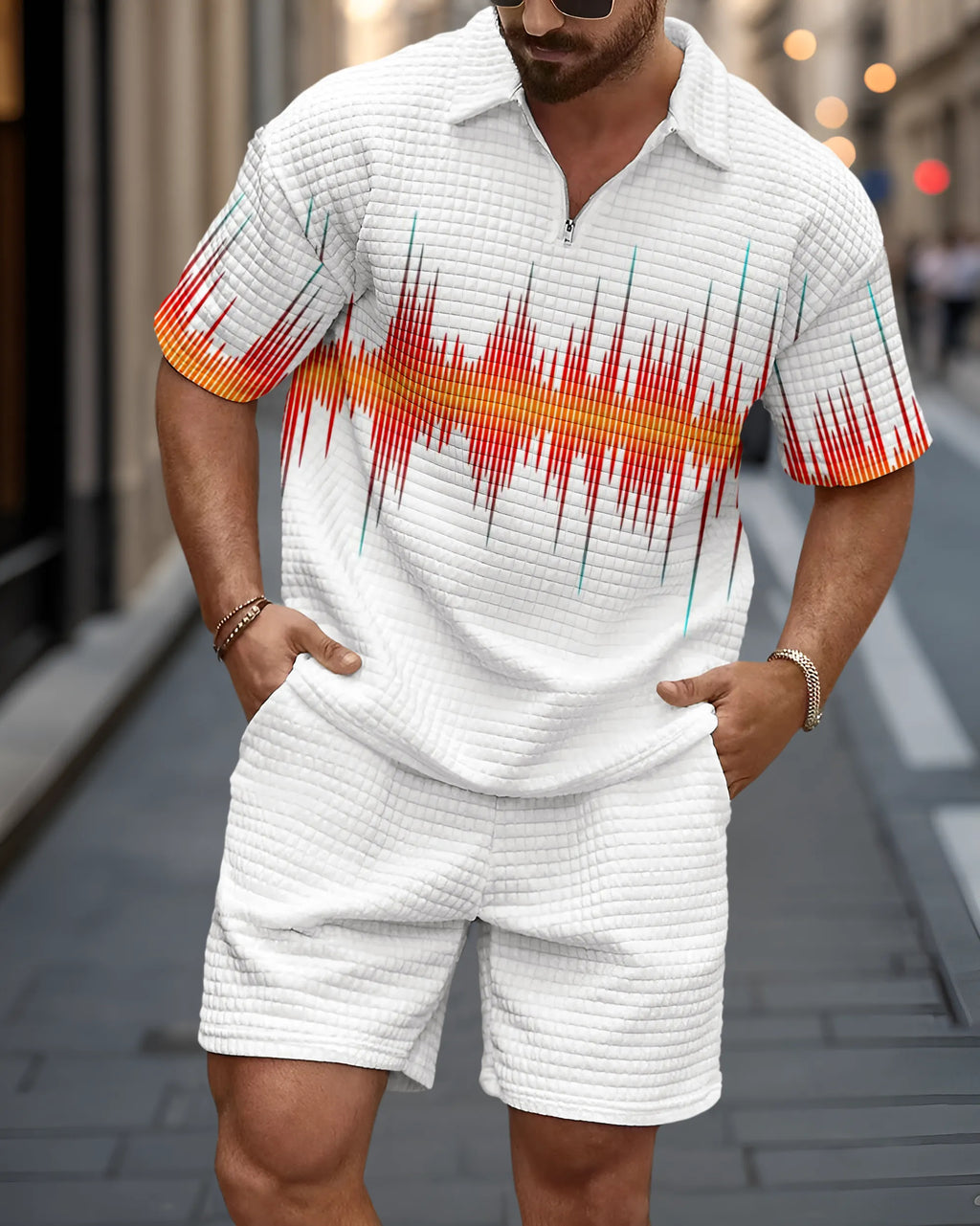 New Summer Men's 2-Piece Set: Zippered Polo Collar Short-Sleeve Top & Shorts – Color-Block Design with 3D Small-Check Texture (Euro-American Style)