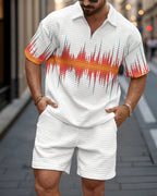 New Summer Men's 2-Piece Set: Zippered Polo Collar Short-Sleeve Top & Shorts – Color-Block Design with 3D Small-Check Texture (Euro-American Style)