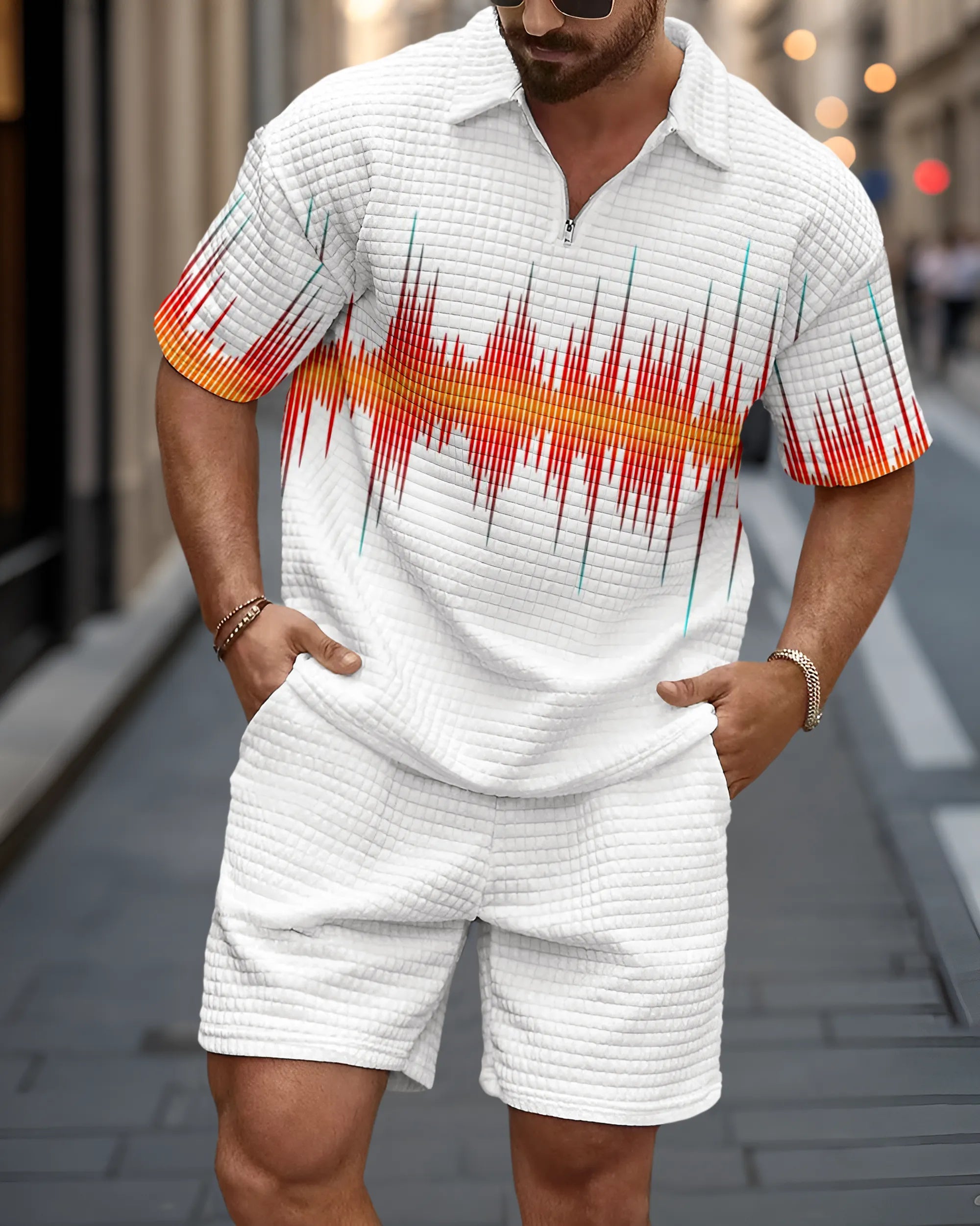New Summer Men's 2-Piece Set: Zippered Polo Collar Short-Sleeve Top & Shorts – Color-Block Design with 3D Small-Check Texture (Euro-American Style)
