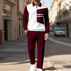Men's two-piece set featuring a long-sleeved top with a half-zip Polo collar and matching trousers, characterized by an irregular pattern and a casual style.