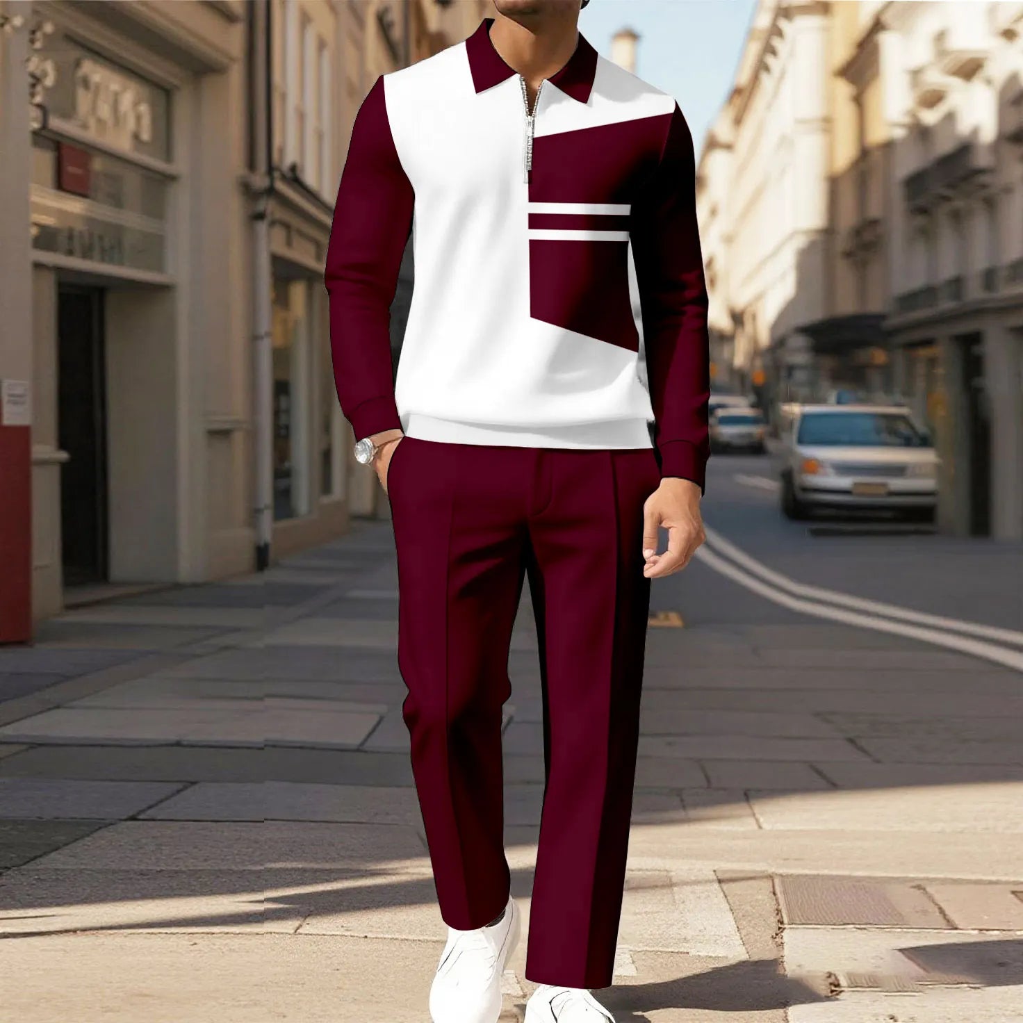 Men's two-piece set featuring a long-sleeved top with a half-zip Polo collar and matching trousers, characterized by an irregular pattern and a casual style.
