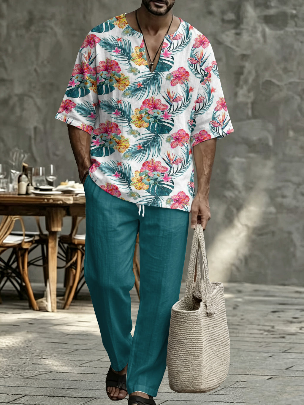 Men's Navy Striped V Neck Two Piece Set - Relaxed Summer Shirt & Pants