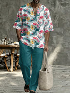 Men's Navy Striped V Neck Two Piece Set - Relaxed Summer Shirt & Pants