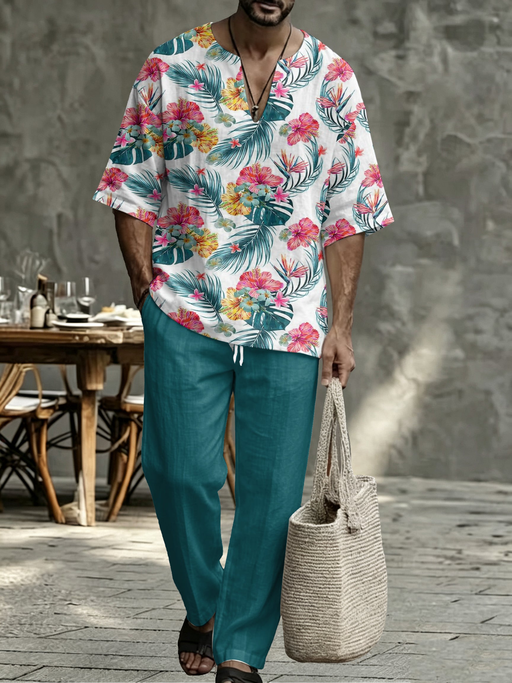 Men's Navy Striped V Neck Two Piece Set - Relaxed Summer Shirt & Pants