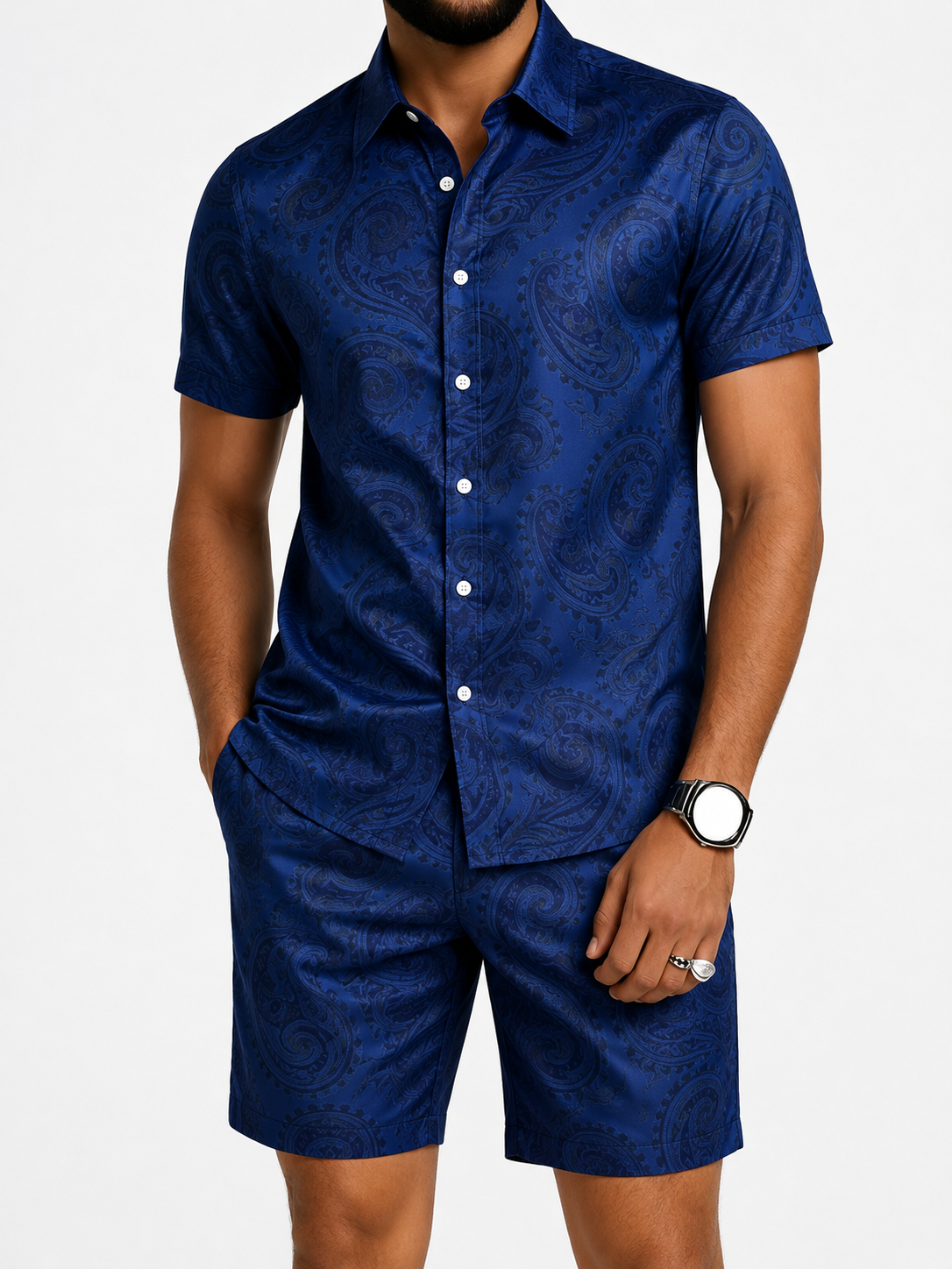 Men's Silver Paisley Short Sleeve Shirt & Shorts Set