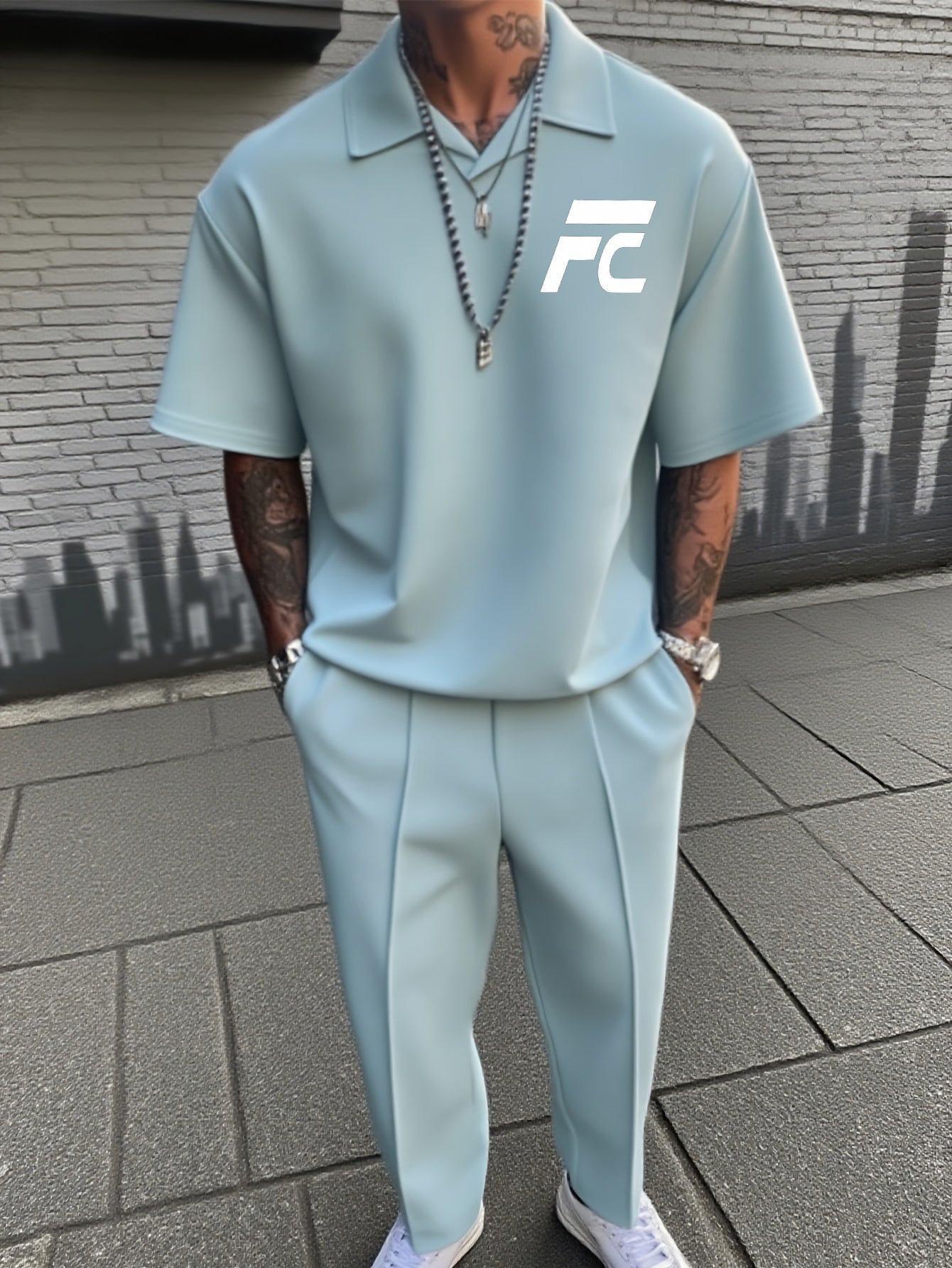 New Men's Summer Casual Two-Piece Set: Short-Sleeve Top & Trousers (Polo Style with Small V-Neck Collar)