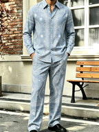 Men's Collared Long-Sleeve Shirt and Pants Two-Piece Set – Floral Print