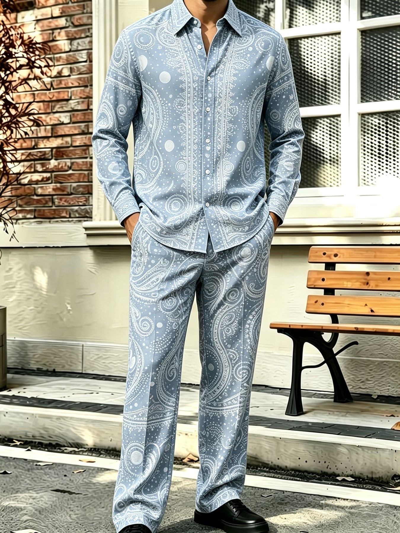 Men's Collared Long-Sleeve Shirt and Pants Two-Piece Set – Floral Print