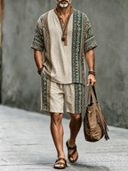 Men's Black Tribal Print Button Shirt & Shorts Set - Casual Summer Outfit
