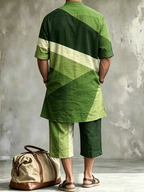 2026 New Men's Loose Plus-Size Abstract Print Stand-Collar Long Shirt & Cropped Pants Two-Piece Set