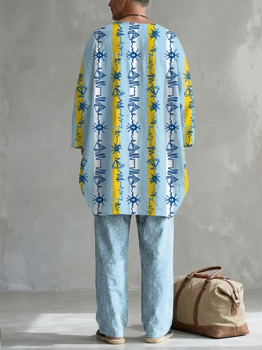 New Men's Spring/Autumn Two-Piece Set: Casual Crew-Neck Top with Abstract Colorful Print and Folded Sleeves—Perfect for Leisure and Vacation.