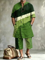 2026 New Men's Loose Plus-Size Abstract Print Stand-Collar Long Shirt & Cropped Pants Two-Piece Set