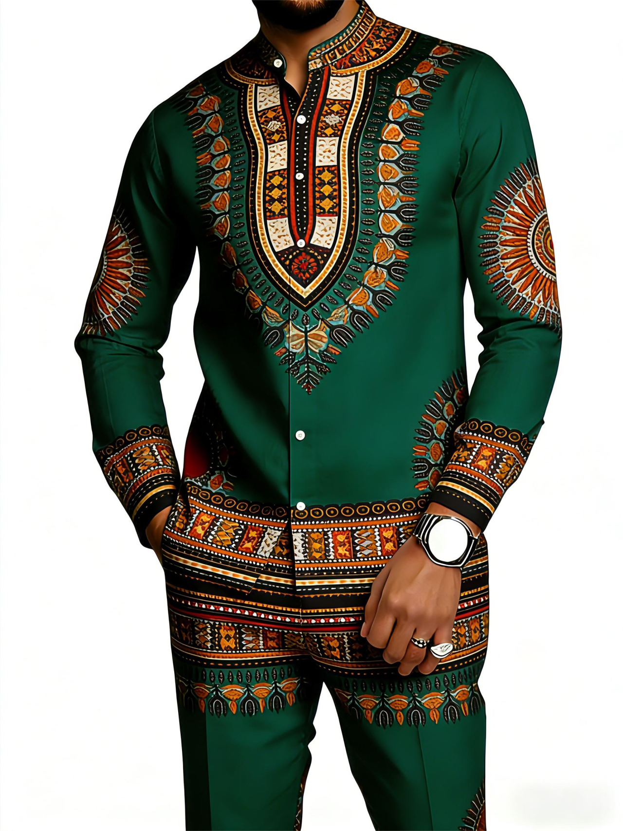 Men's Dashiki-Inspired Geometric Print Long Sleeve Shirt & Pants Set