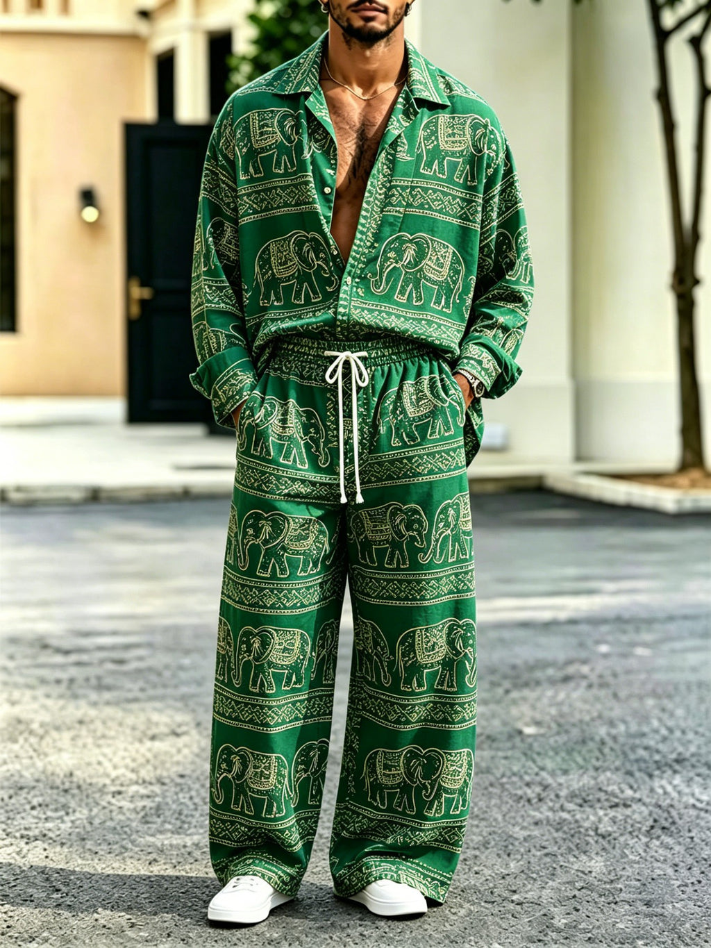 2026 New Men's Casual Printed Long-Sleeve Shirt and Pants Two-Piece Set