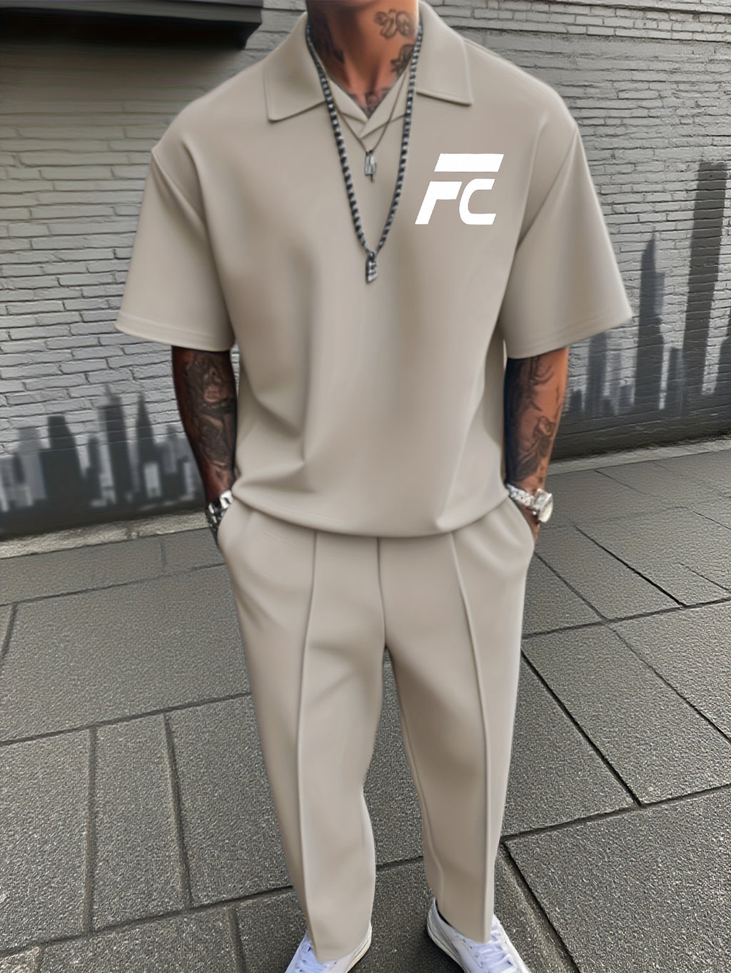 New Men's Summer Casual Two-Piece Set: Short-Sleeve Top & Trousers (Polo Style with Small V-Neck Collar)