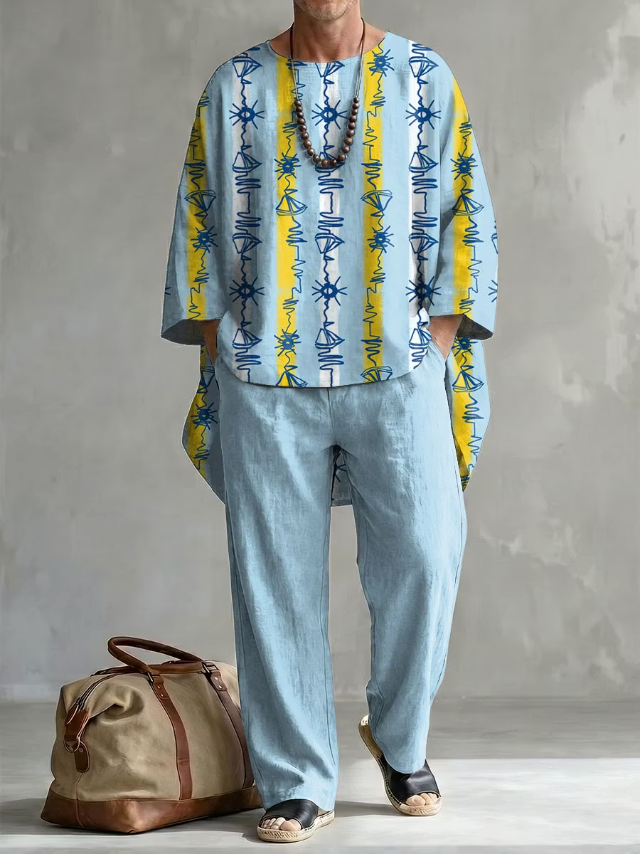 New Men's Spring/Autumn Two-Piece Set: Casual Crew-Neck Top with Abstract Colorful Print and Folded Sleeves—Perfect for Leisure and Vacation.