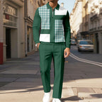 Men's two-piece set featuring a long-sleeved top with a half-zip Polo collar and matching trousers, characterized by an irregular pattern and a casual style.