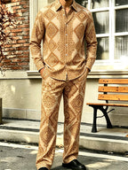 Men's Collared Long-Sleeve Shirt and Pants Two-Piece Set – Floral Print