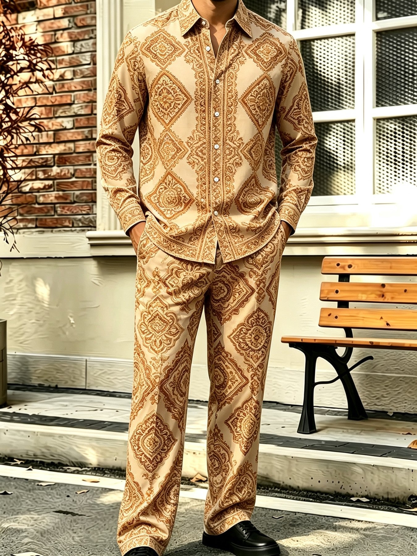 Men's Collared Long-Sleeve Shirt and Pants Two-Piece Set – Floral Print