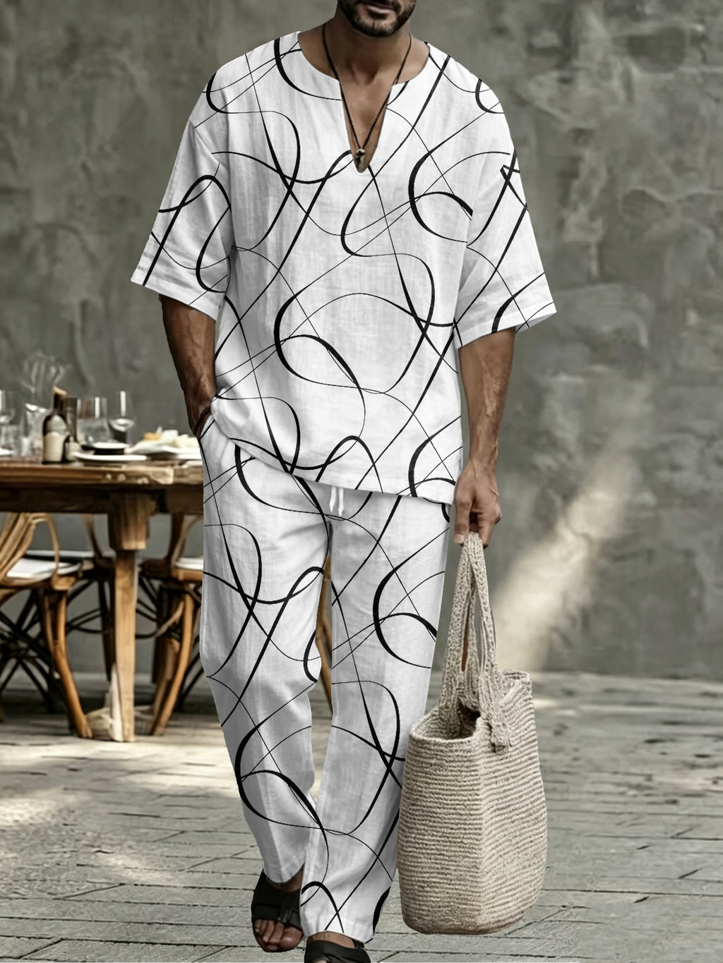 Men's Navy Striped V Neck Two Piece Set - Relaxed Summer Shirt & Pants