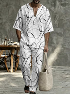 Men's Navy Striped V Neck Two Piece Set - Relaxed Summer Shirt & Pants