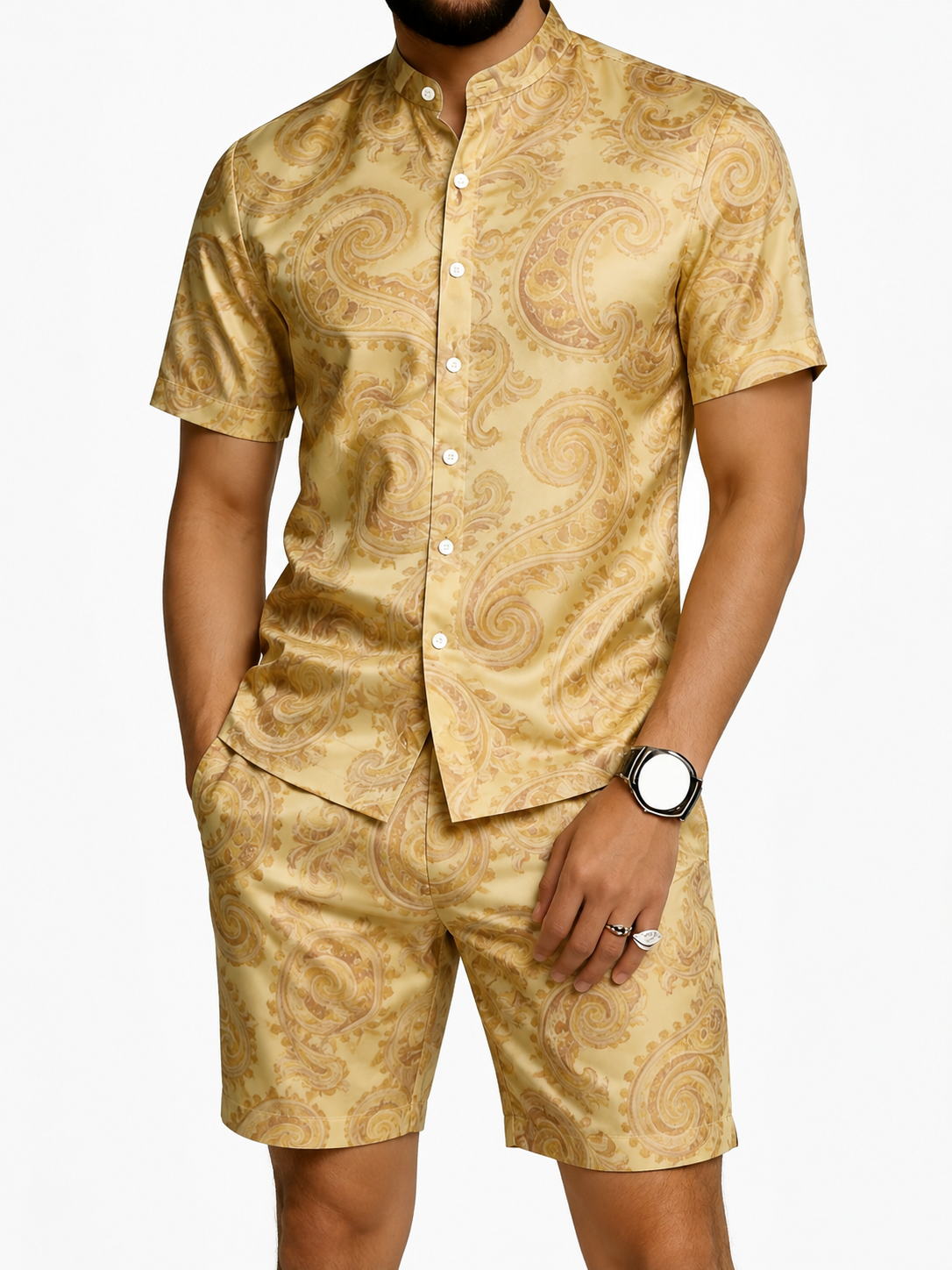 Men's Silver Paisley Short Sleeve Shirt & Shorts Set