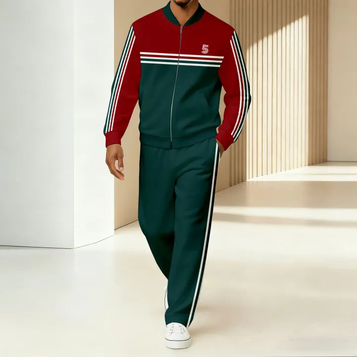 Men's Green Red Zip Up Tracksuit Set - Striped Jacket & Track Pants