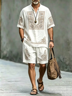Men's Black Tribal Print Button Shirt & Shorts Set - Casual Summer Outfit