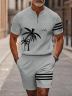 Men's two-piece set featuring a short-sleeved, half-zip polo top with a small stand-up collar and printed pattern, paired with shorts.