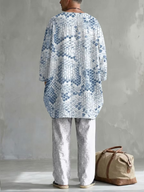 New Men's Spring/Autumn Two-Piece Set: Casual Crew-Neck Top with Abstract Colorful Print and Folded Sleeves—Perfect for Leisure and Vacation.
