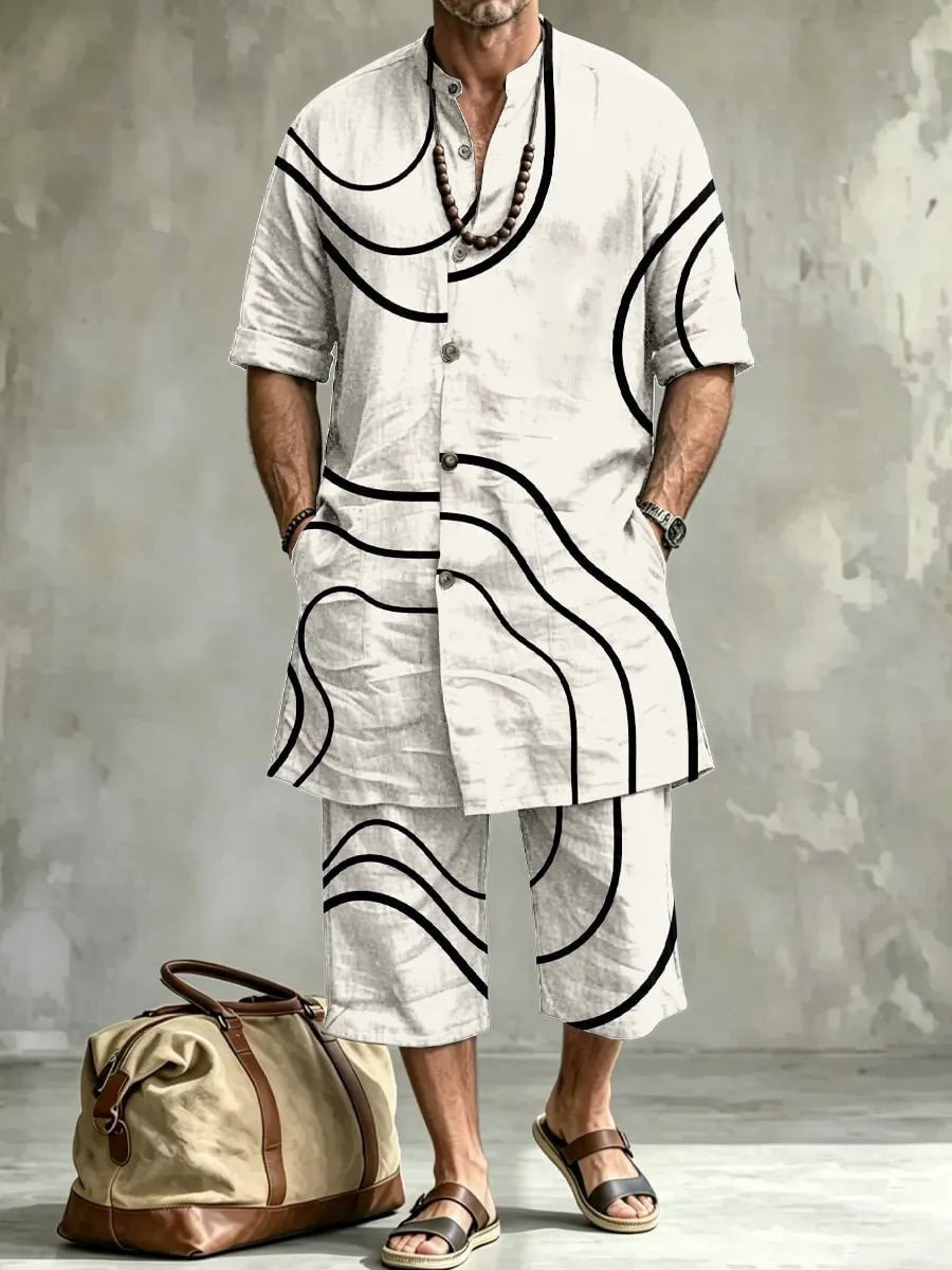 2026 New Men's Loose Plus-Size Abstract Print Stand-Collar Long Shirt & Cropped Pants Two-Piece Set