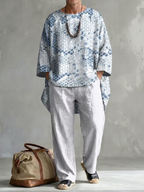 New Men's Spring/Autumn Two-Piece Set: Casual Crew-Neck Top with Abstract Colorful Print and Folded Sleeves—Perfect for Leisure and Vacation.