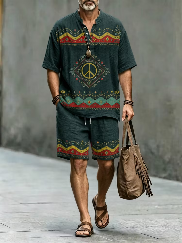 Men's Black Tribal Print Button Shirt & Shorts Set - Casual Summer Outfit