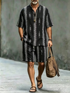 Men's Black Tribal Print Button Shirt & Shorts Set - Casual Summer Outfit