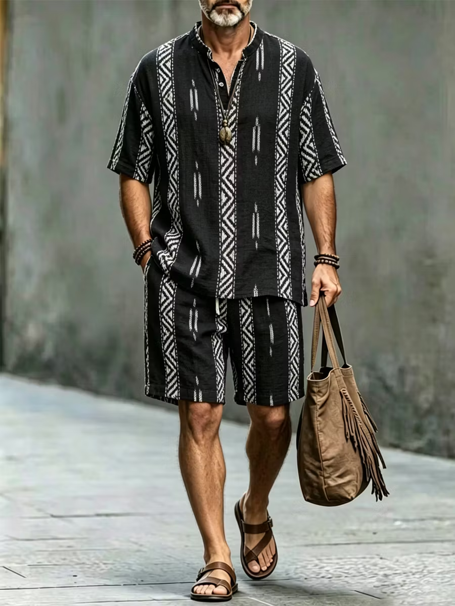 Men's Black Tribal Print Button Shirt & Shorts Set - Casual Summer Outfit