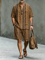 Men's Black Tribal Print Button Shirt & Shorts Set - Casual Summer Outfit