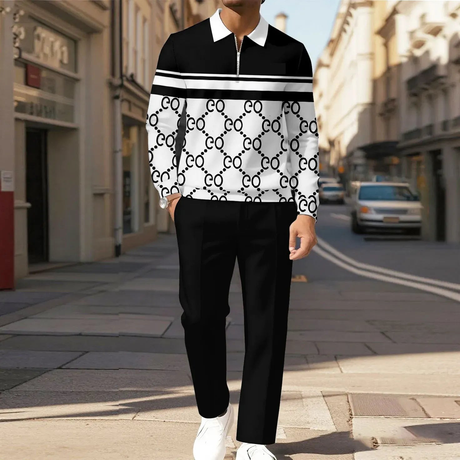 Men's two-piece set featuring a long-sleeved top with a half-zip Polo collar and matching trousers, characterized by an irregular pattern and a casual style.