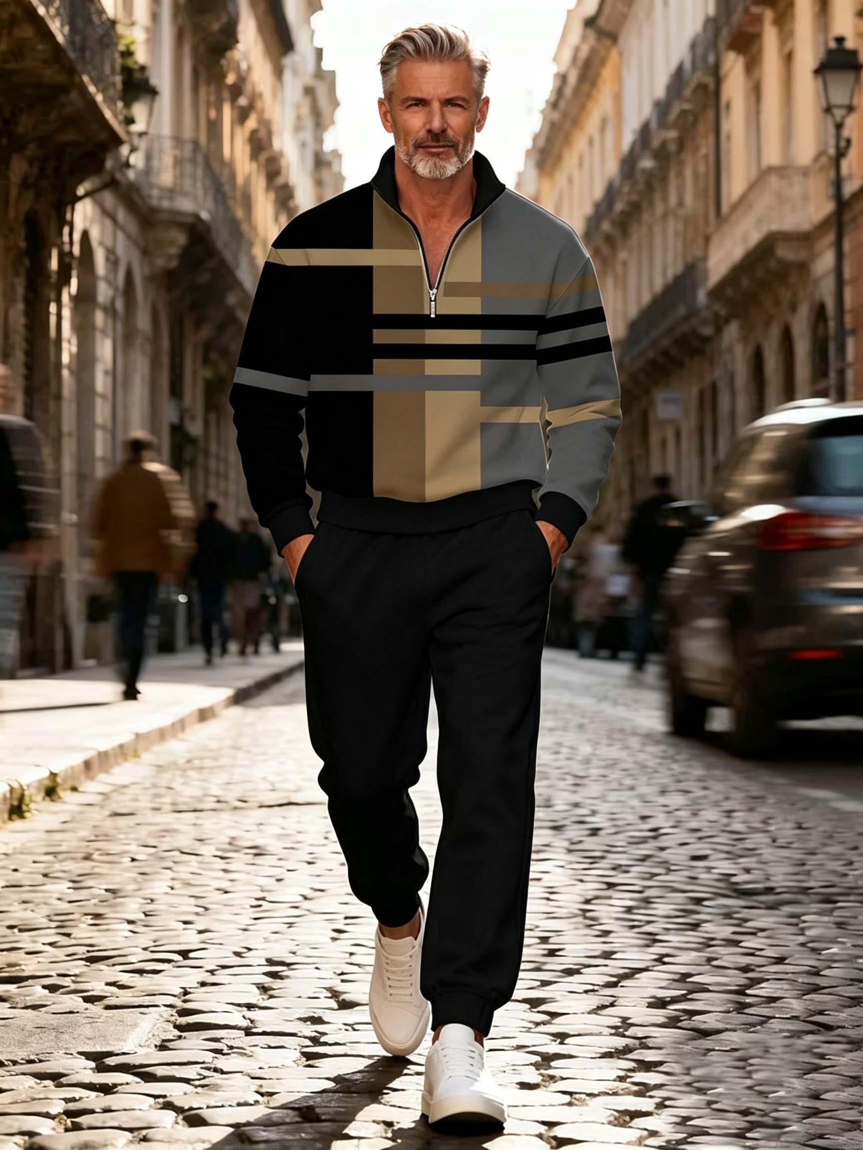 Men's Abstract Panel Quarter Zip Tracksuit Set - Casual Pullover & Joggers