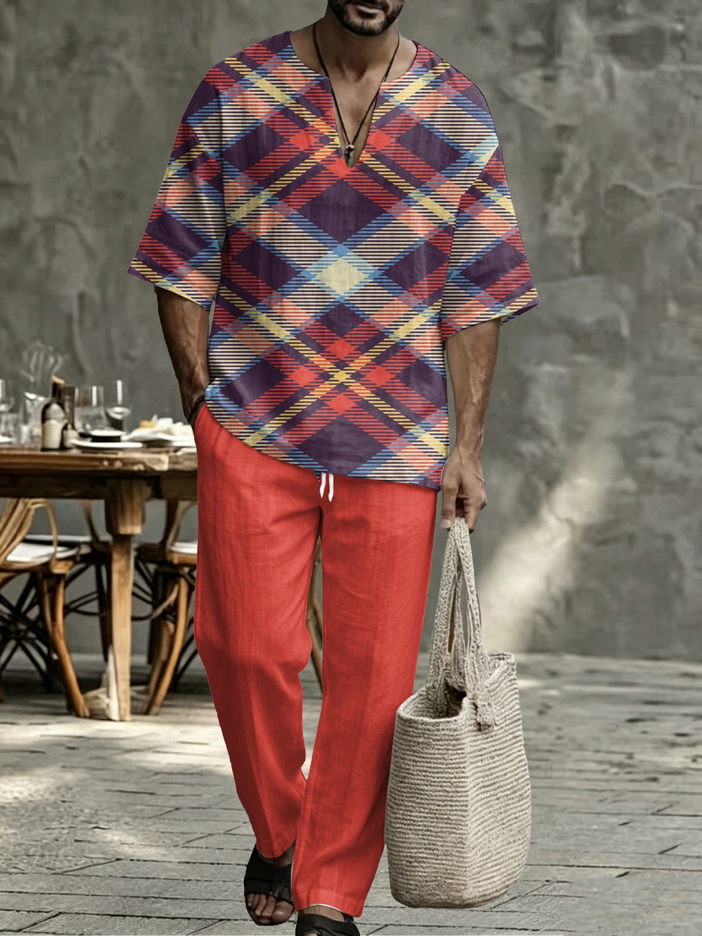 Men’s Plaid V Neck Two Piece Set - Casual Short Sleeve Shirt & Drawstring Pants