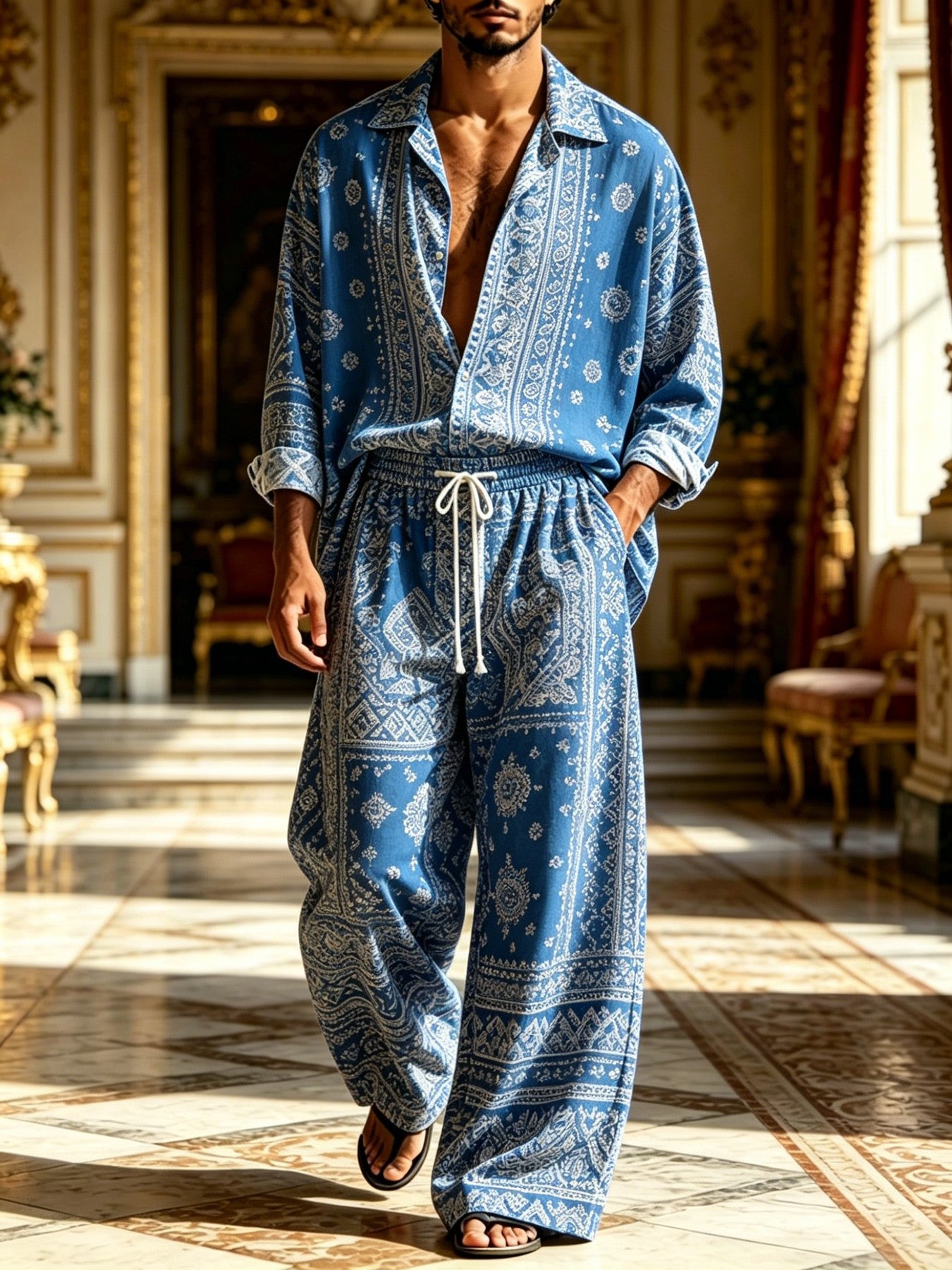 2026 New Men's Casual Printed Long-Sleeve Shirt and Pants Two-Piece Set