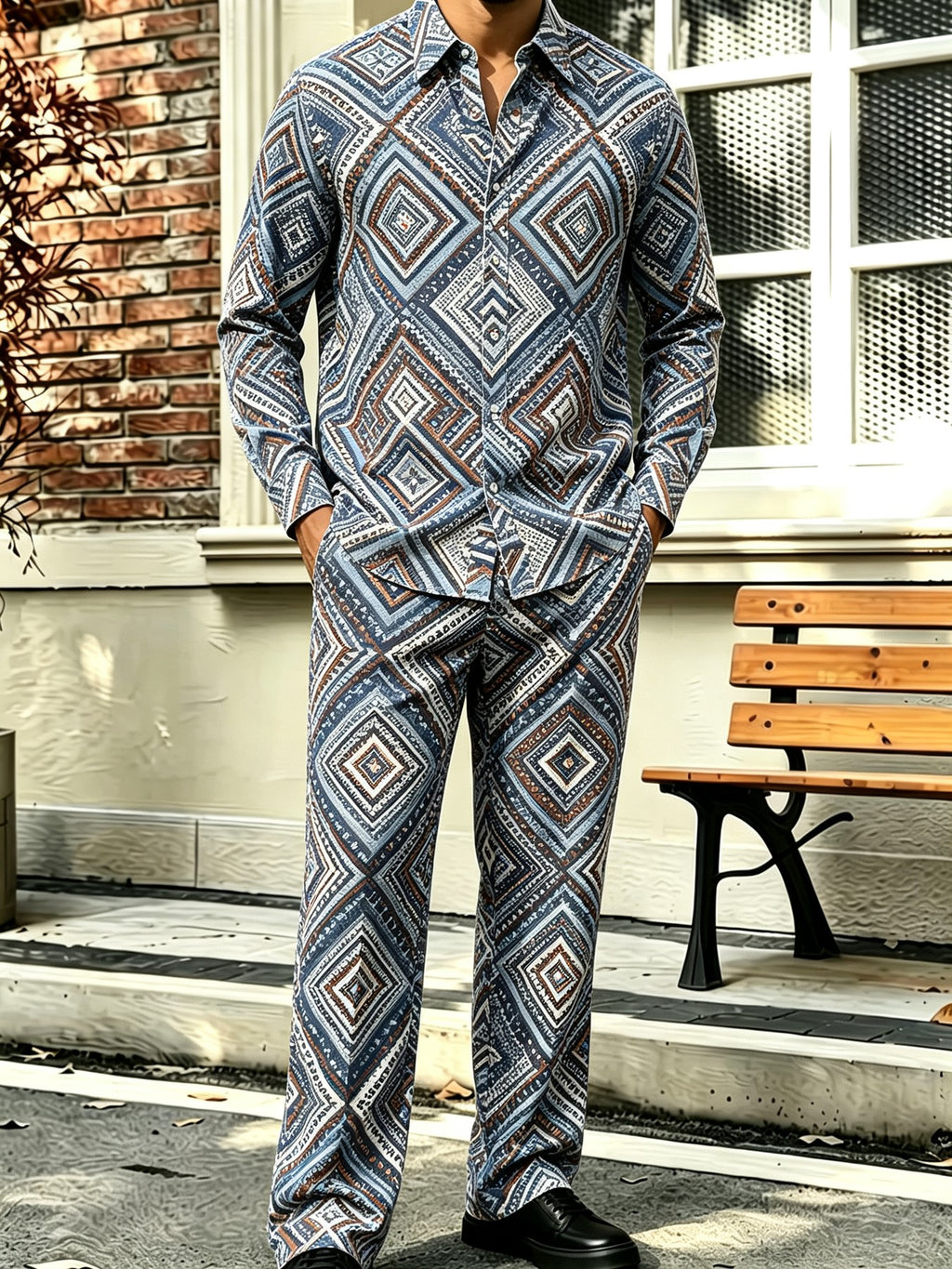 Men's Collared Long-Sleeve Shirt and Pants Two-Piece Set – Floral Print