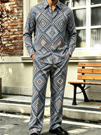 Men's Collared Long-Sleeve Shirt and Pants Two-Piece Set – Floral Print