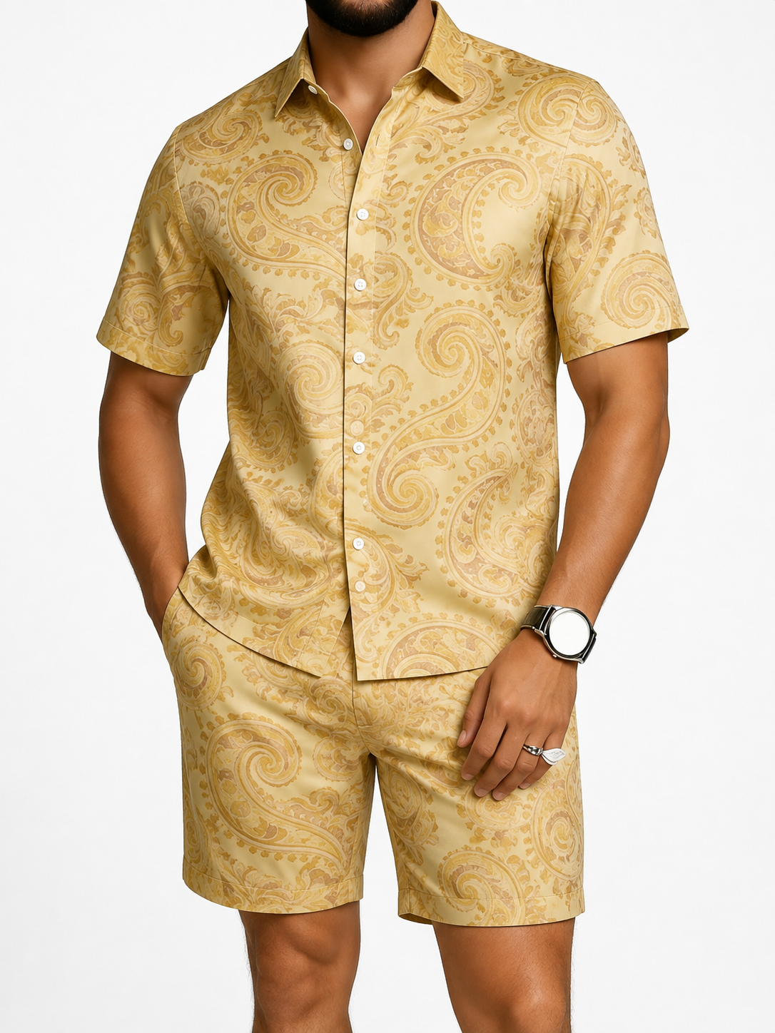 Men's Silver Paisley Short Sleeve Shirt & Shorts Set