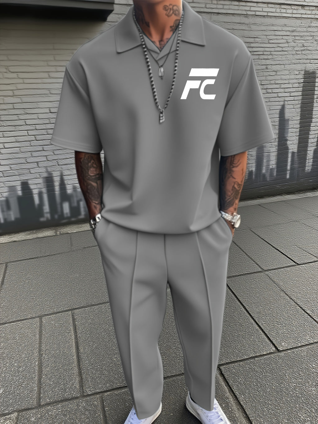 New Men's Summer Casual Two-Piece Set: Short-Sleeve Top & Trousers (Polo Style with Small V-Neck Collar)
