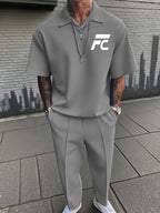 New Men's Summer Casual Two-Piece Set: Short-Sleeve Top & Trousers (Polo Style with Small V-Neck Collar)