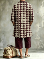 2026 New Men's Loose Plus-Size Abstract Print Stand-Collar Long Shirt & Cropped Pants Two-Piece Set