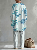 New Men's Spring/Autumn Two-Piece Set: Casual Crew-Neck Top with Abstract Colorful Print and Folded Sleeves—Perfect for Leisure and Vacation.